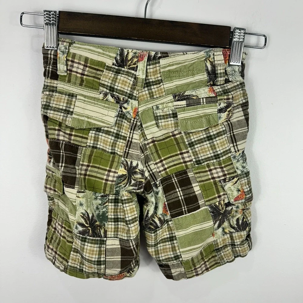 Old‎ Navy Cargo Shorts Toddler Boys 4T Green Patchwork Plaid Tropical Pineapple